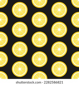 Zitronenscheiben auf schwarzem Hintergrund. Vektornahtloses Muster. Bestens für Textilien, Wallpaper, Hausdekoration, Verpackungspapier, Paket und Web-Design.