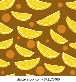 Slices of lemon on the brown background. Seamless pattern. Vector illustration.