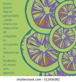 Slices of lemon on a green background. Lemon wedges on green background. Bright and contrasting. Perfect for cards, invitations, printing, sites. Vector. Typography. Text.