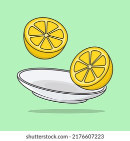 Slices Of Lemon On A Plate Cartoon Vector Illustration. Lemon Fruit Flat Icon Outline