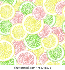 Slices of lemon, orange, grapefruit, lime. Pieces of citrus fruit. Seamless vector background.