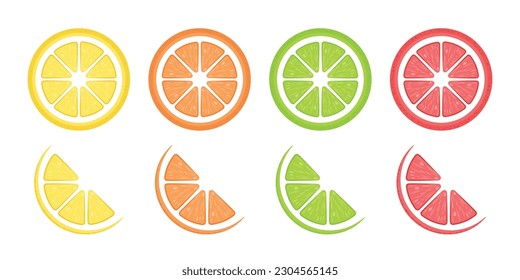 Slices of lemon, orange, lime and grapefruit vector flat illustration. Stylized flat elements on white background.