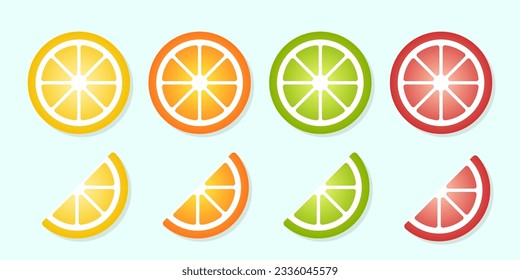 Slices of lemon, orange, lime and grapefruit vector flat illustration. Stylized flat elements on white background.