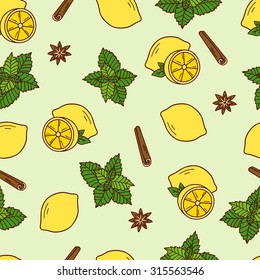 Slices of lemon, spices and mint seamless pattern. Doodle collection citrus fruits, herbs and spices vector
