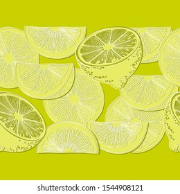 Slices of Lemon. Striped Citrus seamless pattern. Ornamental border with bright yellow tropical fruits. Vector doodle illustration. Drawn Lemons for print, menu, greeting cards or packaging design