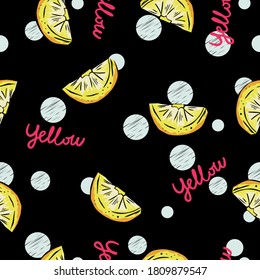 slices of lemons on black background with dots and text. Perfect for textile