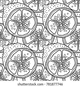 Slices of lemons. Seamless pattern with hand drawn fruits. Black and white illustration for coloring book.