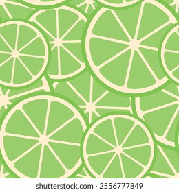 Slices of lime laying on each other. Vector seamless pattern in soft pastel green and beige colors.