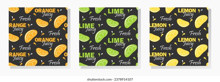 Trozos de cal, limón y naranjas con letras blancas sobre fondo negro. Colección de patrones sin fisuras de vectores. 
