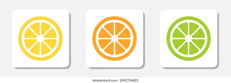 Scheiben von Limette, Orange und Zitrone quadratische Ikonen Kollektion. Stilisierte Piktogramme mit minimaler Vektorgrafik auf weißem Hintergrund.