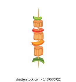 Slices of meat with vegetables on a wooden skewer. Vector illustration on white background.