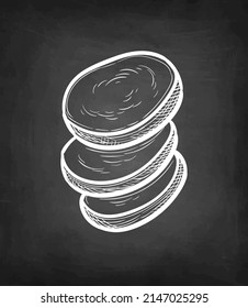 Slices of mozzarella cheese. Chalk sketch on blackboard background. Hand drawn vector illustration. Vintage style stroke drawing.