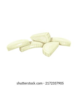 Slices of onion bulb flat color vector objects isolated. Dish ingredient cartoon style illustration