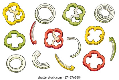 Slices of onions and bell peppers set. Vector cartoon illustration of cut ingredients for sauces, salads, cooking. Bright colorful vegetables. Green, yellow, red pepper on white background