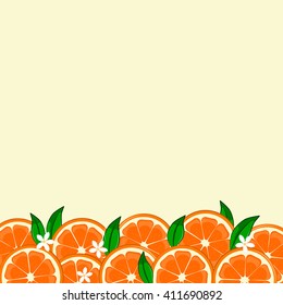 Slices of orange border with flower and green leaves. Vector Illustration