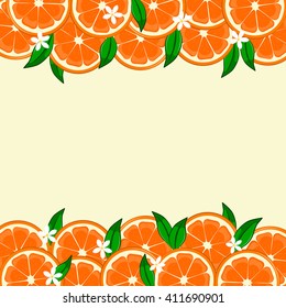 Slices of orange border with flower and green leaves. Vector Illustration