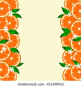 Slices of orange border with flower and green leaves.  Vector Illustration