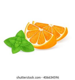 Slices of orange fruit with mint isolated on white background. Realistic vector illustration.