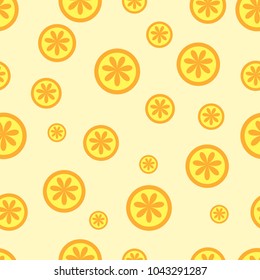 Slices of orange fruit same flower on pastel yellow background. Seamless pattern with oranges vector illustration.
