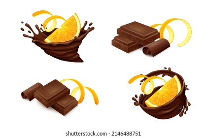 Slices of orange fruits with zest in cocoa splashes, lying down chocolate pieces and peel isolated on white background. Side view. Realistic vector illustration.