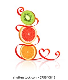 Slices of orange, grapefruit and kiwi are standing one on another, red ribbon with heart-shaped curl around
