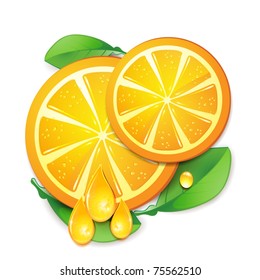 Slices orange with leaf isolated on white background.