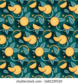 Slices of orange and leaf on dark background. Summer tropical pattern. Vector 