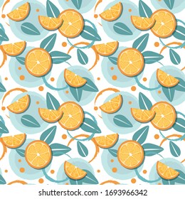 Trozos de naranja y hoja sobre fondo blanco. Patrón tropical de verano. Vector 