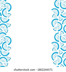 Trozos de marco sin soldadura de naranja o limón. Borde vertical de cítricos en forma de caricatura. Jugosa y apetitosa ilustración. Papel de pantalla para el diseño de alimentos y textiles.