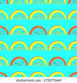 Slices of orange and lemon seamless pattern. Citrus fruit backgroung in colorful cartoon style. Juicy tasty appetizing illustration. Vector light blue wallpaper for food design and textile.
