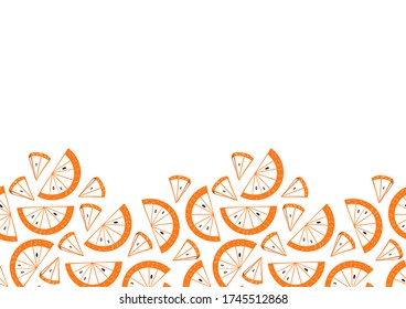 Slices of orange seamless frame. Citrus fruit border in colorful cartoon style. Juicy tasty appetizing illustration. Vector wallpaper for food design and textile.