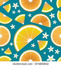 Slices of orange and orange tree leaves and flowers seamless pattern