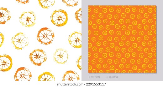 Сitrus slices orange yellow stamps, seamless pattern background, drawing watercolor. Vector illustration isolated on white background.