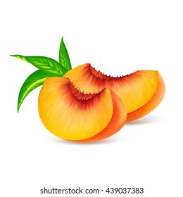 Slices of peach fruits with leaf  isolated on white background. Realistic vector illustration.