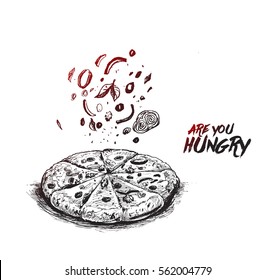 Slices of pepperoni pizza, Hand Drawn Sketch Vector illustration. 