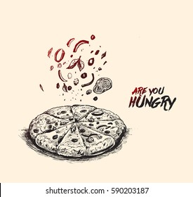 Slices of pepperoni pizza, Hand Drawn Sketch Vector illustration. 
