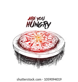 Slices of pepperoni pizza on table, Hand Drawn Sketch Vector illustration. 