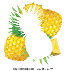 Slices of pineapple arranged around a white patch, with a whole pineapple placed in the center for contrast
