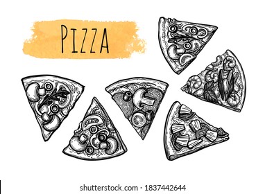 Slices of pizza. Big set. Ink sketch isolated on white background. Hand drawn vector illustration. Retro style.