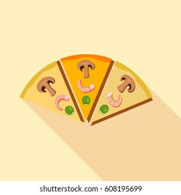 Slices of pizza with champignons mushrooms icon. Flat illustration of slices of pizza with champignons mushrooms vector icon for web