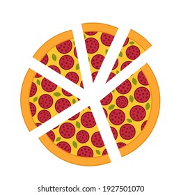 Slices of pizza of different sizes. Diagram infographics set. Pieces margherita. Vector illustration. Fast food.