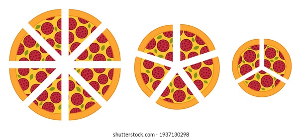 Slices of pizza of different sizes. Diagram infographics set. Cut into pieces. Vector illustration. Fast food.