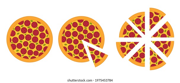 Slices of pizza. Different sizes. Infographics set. Cut pieces. Vector illustration. Fast food.