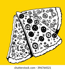 Slices of pizza. Fast food. Line art. Black and white drawing by hand.