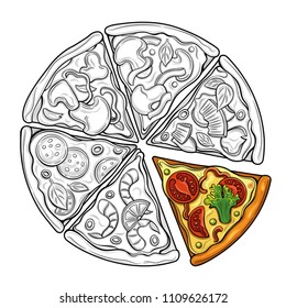 Slices of pizza. Margarita, pepperoni, vegetarian. Tomatoes, broccoli, peas, cheese, mushrooms, shrimp. Illustration. Isolated images on white background. Vintage style.