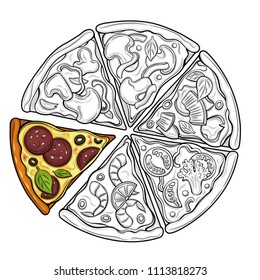 Slices of pizza. Margarita, pepperoni, vegetarian. Tomatoes, broccoli, peas, cheese, mushrooms, shrimp. Illustration. Isolated images on white background. Vintage style.