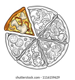 Slices of pizza. Margarita, pepperoni, vegetarian. Tomatoes, broccoli, peas, cheese, mushrooms, shrimp. Illustration. Isolated images on white background. Vintage style.