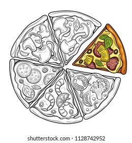 Slices of pizza. Margarita, pepperoni, vegetarian. Tomatoes, broccoli, peas, cheese, mushrooms, shrimp. Illustration. Isolated images on white background. Vintage style.