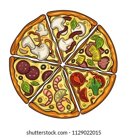 Slices of pizza. Margarita, pepperoni, vegetarian. Tomatoes, broccoli, peas, cheese, mushrooms, shrimp. Illustration. Isolated images on white background. Vintage style.