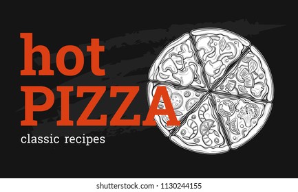 Slices of pizza. Margarita, pepperoni, vegetarian. Tomatoes, broccoli, peas, cheese, mushrooms, shrimp. Illustration. Isolated images on white background. Vintage style.